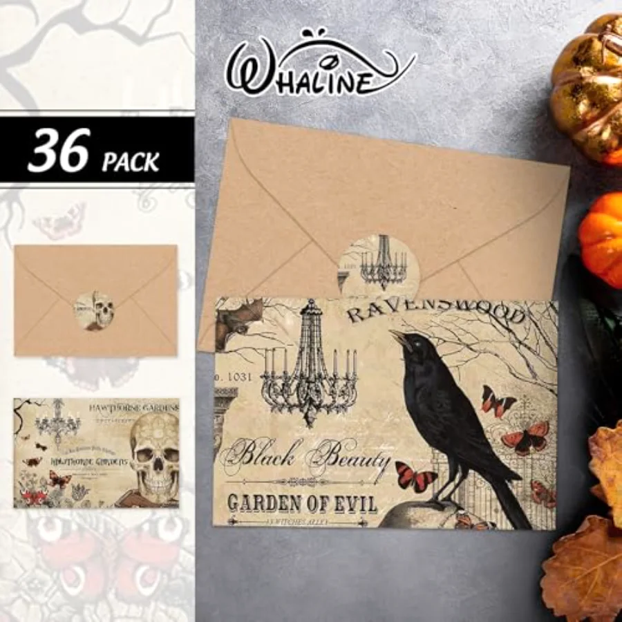 36 Pack Halloween Greeting Cards Vintage Owl Crow Skull Blank Note Cards, view 3