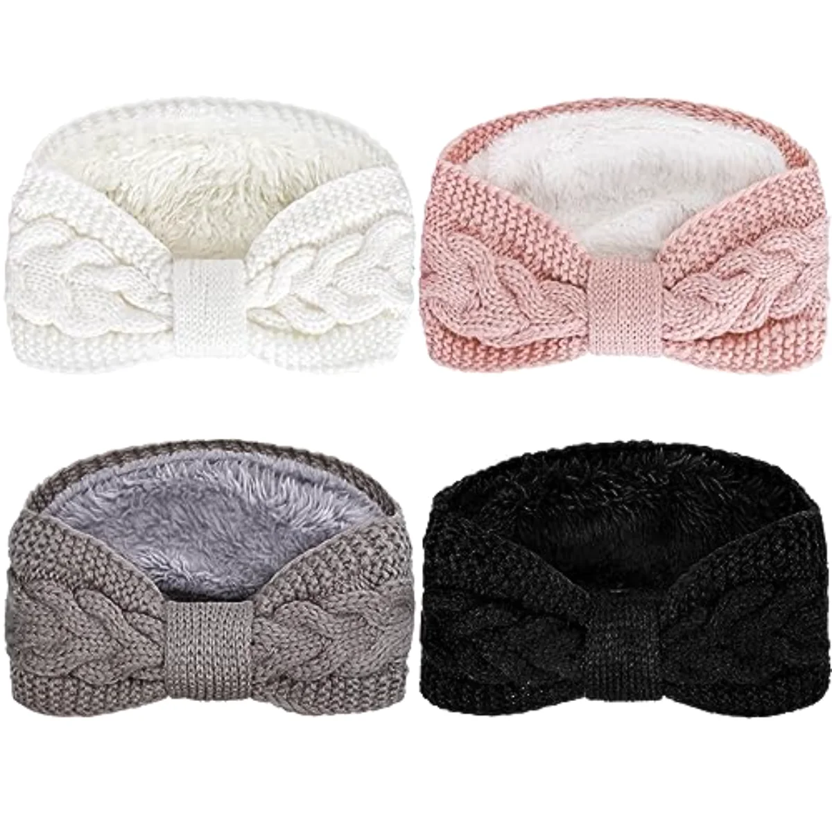 4 Pack Twisted Knit Headbands Winter Knotted Head Wraps Fuzzy Lined