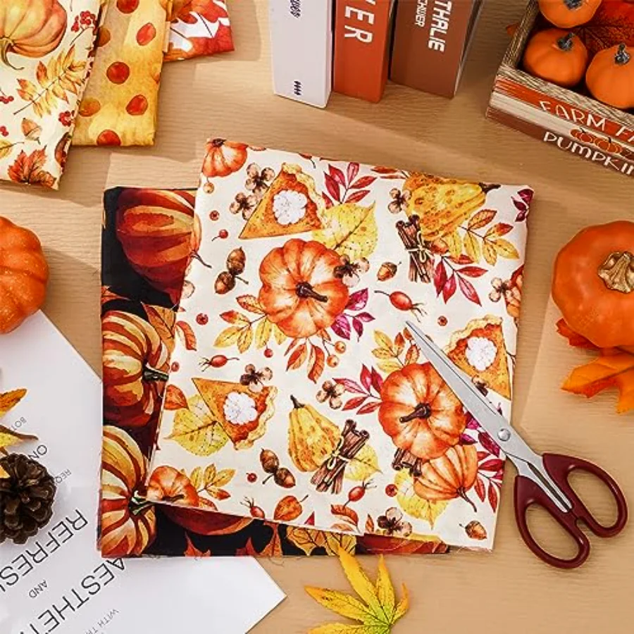 12 Pcs Fall Cotton Fabric Bundles 18 x 22 Inch Watercolor Pumpkin Maple, view 4