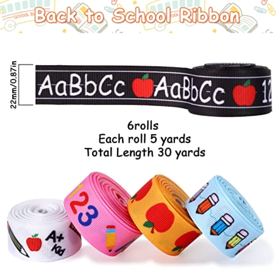 6 Rolls Back to School Grosgrain Ribbon 30 Yards School Teacher Themed, view 2