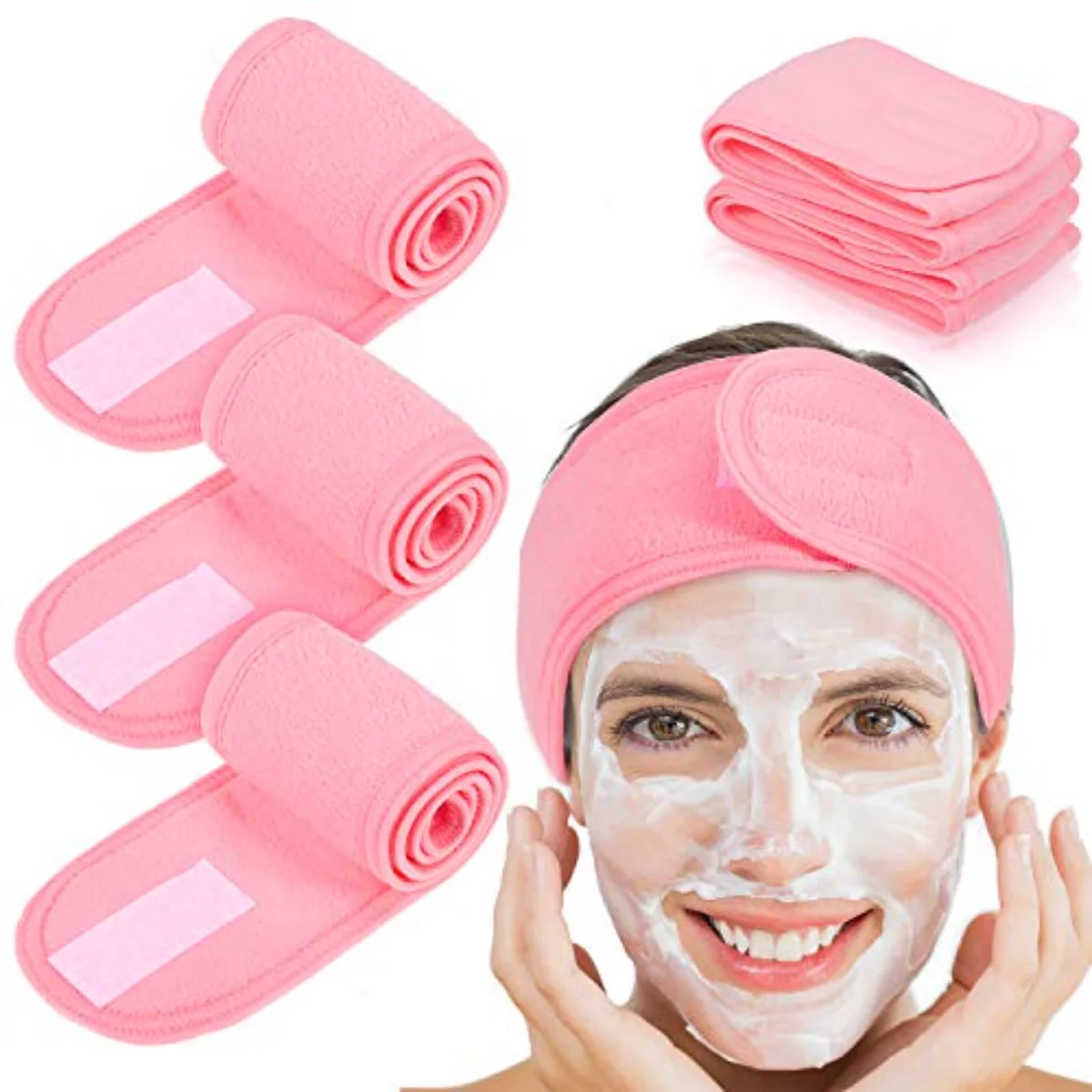 Spa Headband 4 Pcs Pink Makeup Hair Band Facial Head Wrap Hair Tie