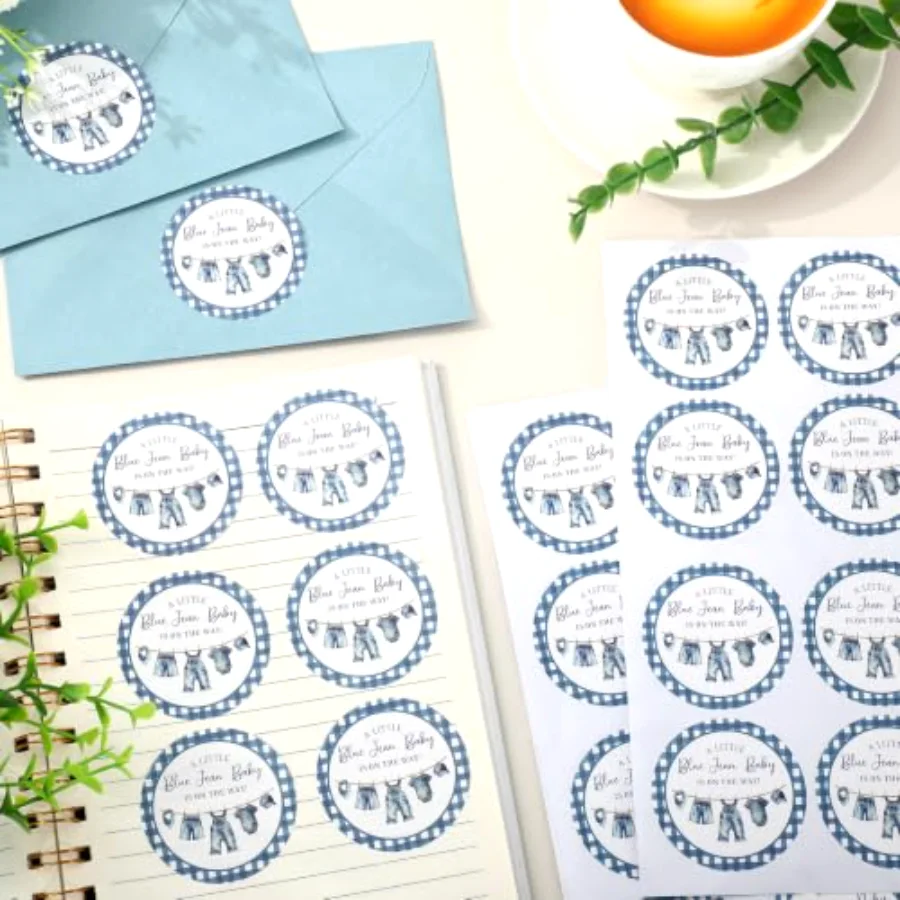 100 Pcs Blue Jean Baby Shower Stickers 2 Inch Round A Little Blue Jean, view 4