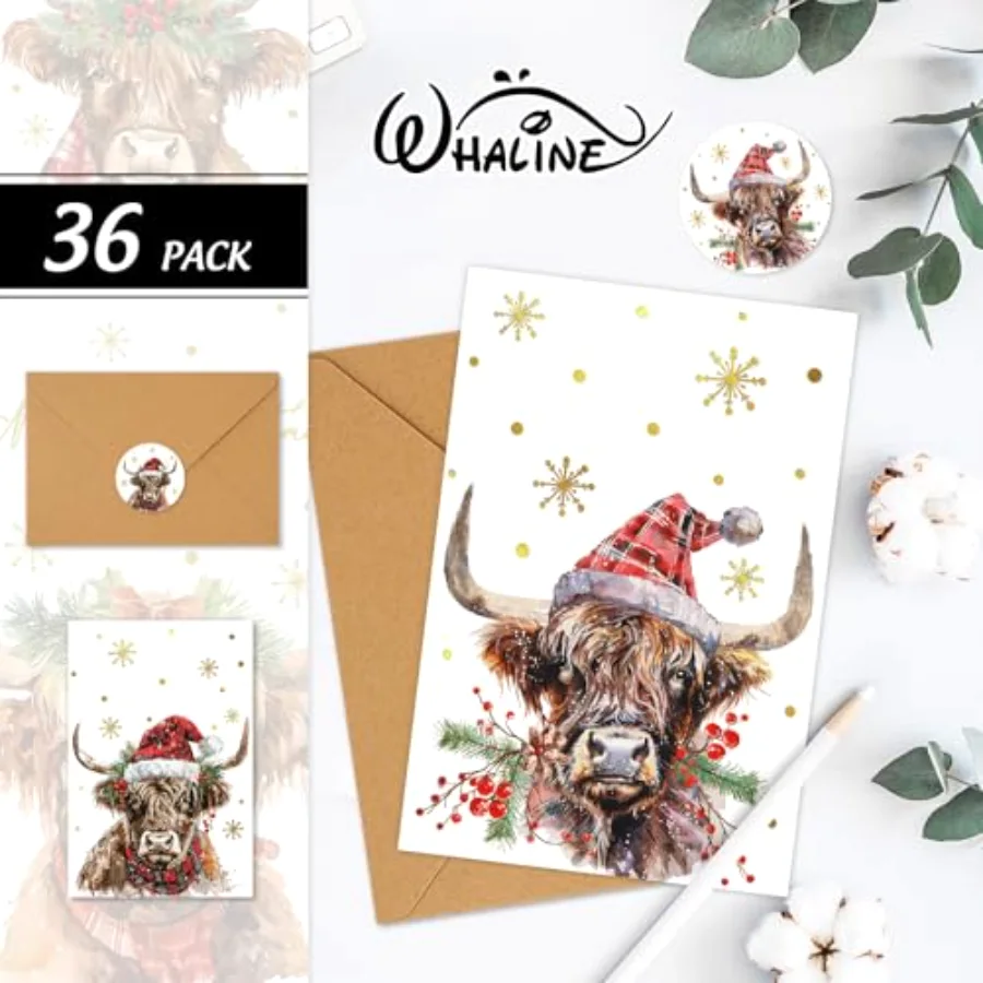 36 Packs Merry Christmas Gold Foil Greeting Cards Watercolor Highland Cow, view 3