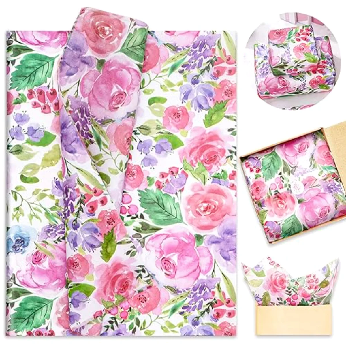 100 Pcs Floral Tissue Paper Watercolor Flower Gift Wrapping Paper Blossom