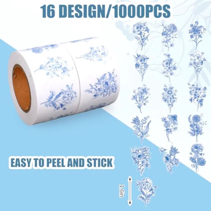 1000Pcs Blue Floral Sticker Seal Decals 8 Design Chinoiserie Flower, view 2