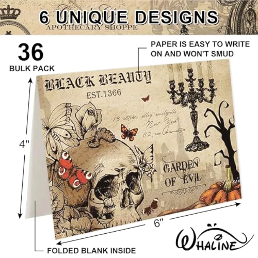 36 Pack Halloween Greeting Cards Vintage Owl Crow Skull Blank Note Cards, view 2