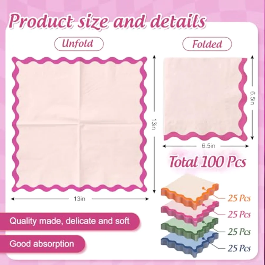 100Pcs Scalloped Paper Luncheon Napkin Disposable Paper Napkins Blue, view 2