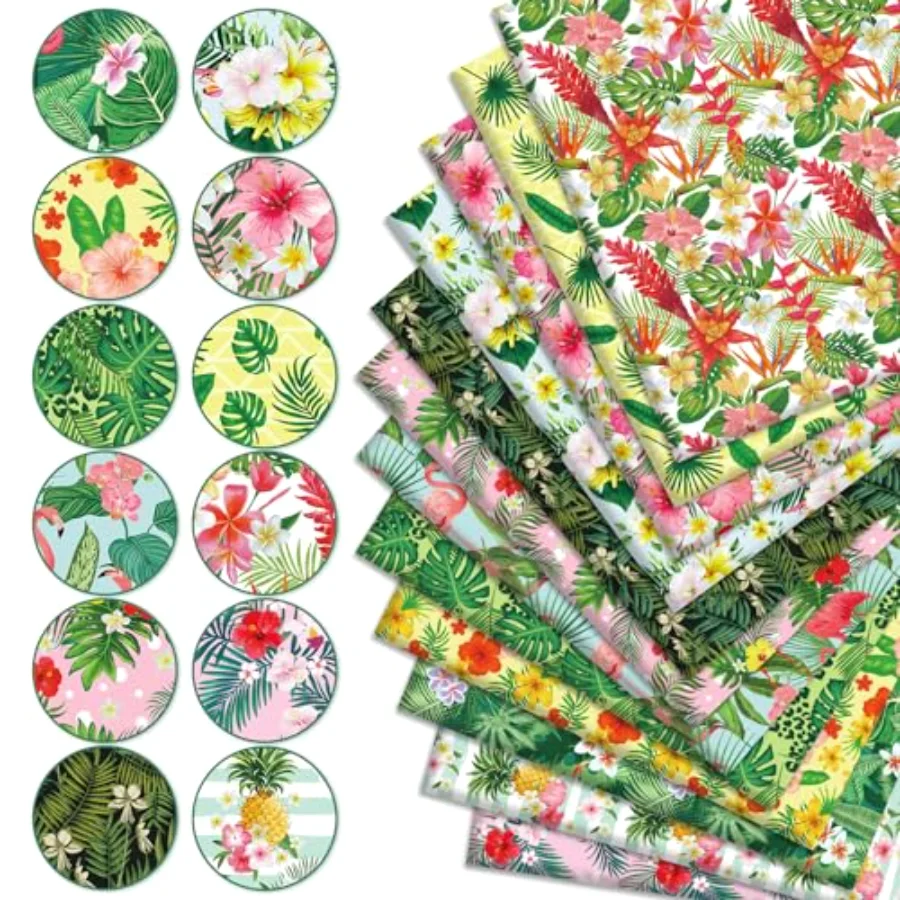 12 Pcs Summer Cotton Fabric Bundles Tropical Leaves Flower Flamingo Fat, view 3