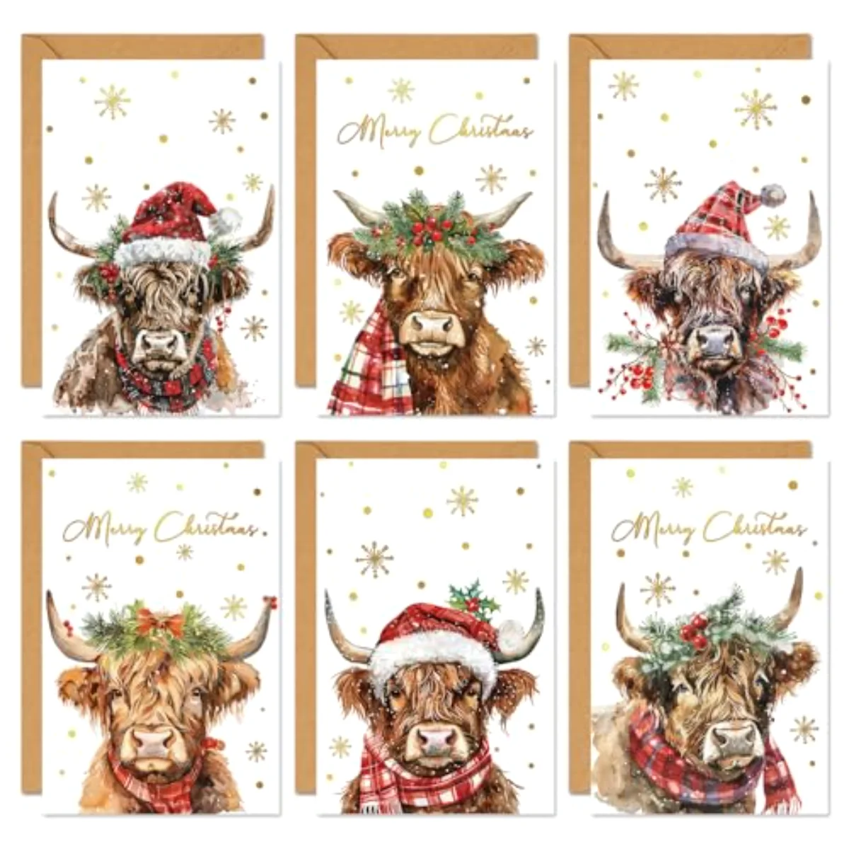 36 Packs Merry Christmas Gold Foil Greeting Cards Watercolor Highland Cow