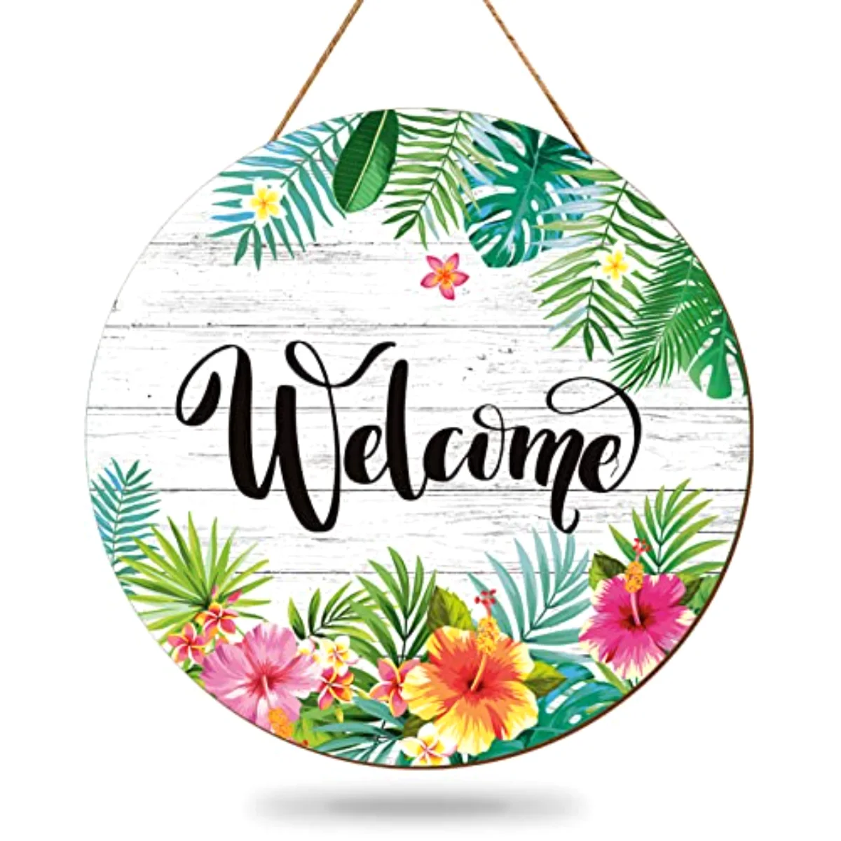 Summer Hawaiian Wooden Welcome Sign Tropical Flower Palm Leaves Hanging