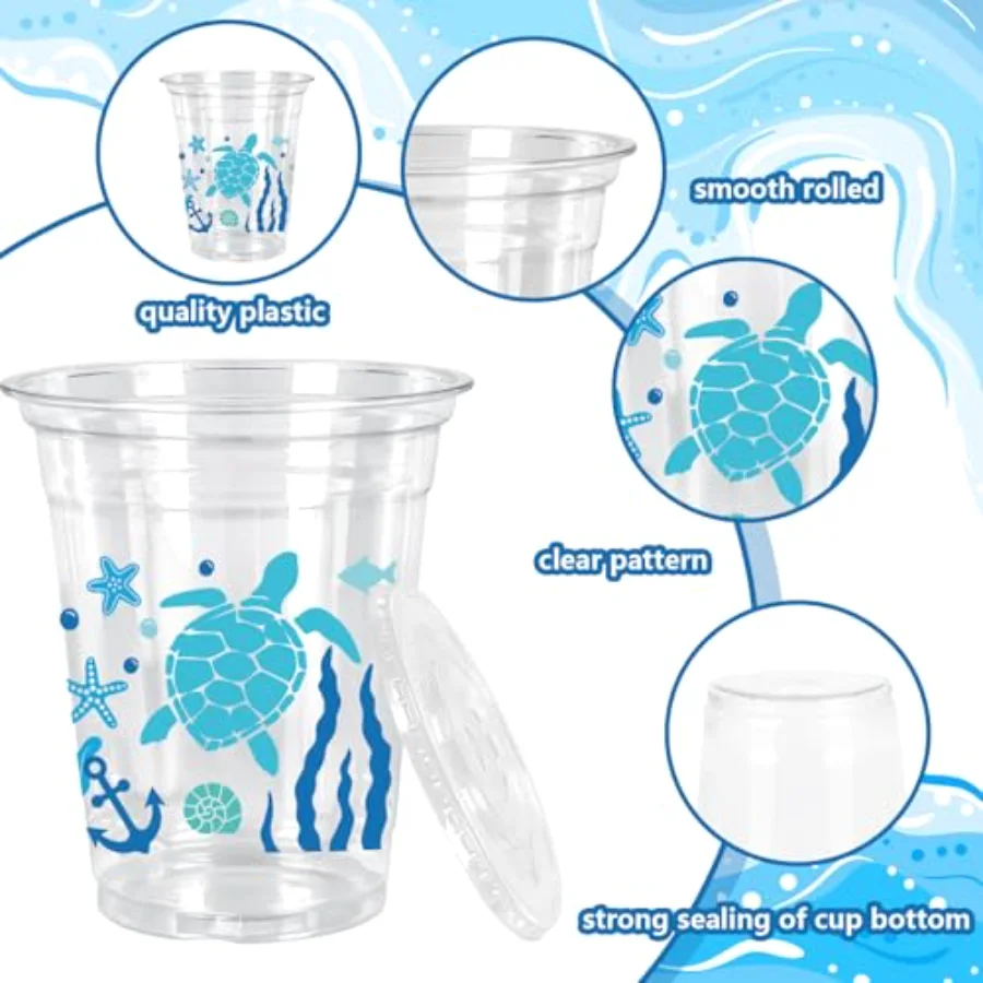 50Pcs Summer Ocean Plastic Cups Disposable Cups with Lids Straws 12oz Blue, view 3