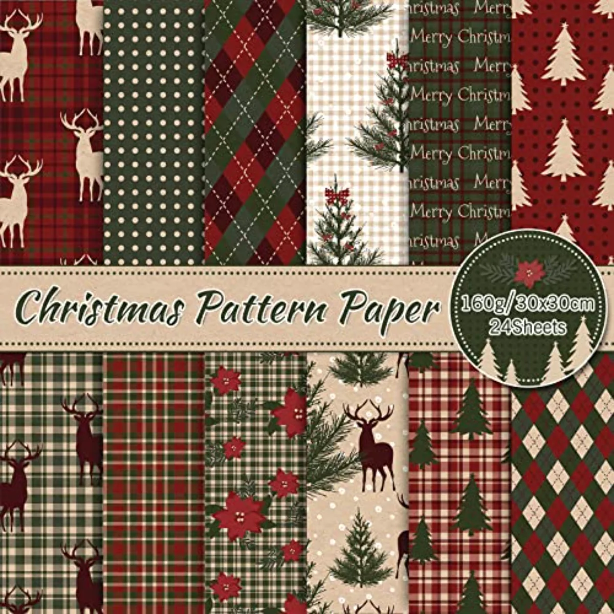 24 Pack Christmas Pattern Paper 12 Designs Woodland Merry Christmas