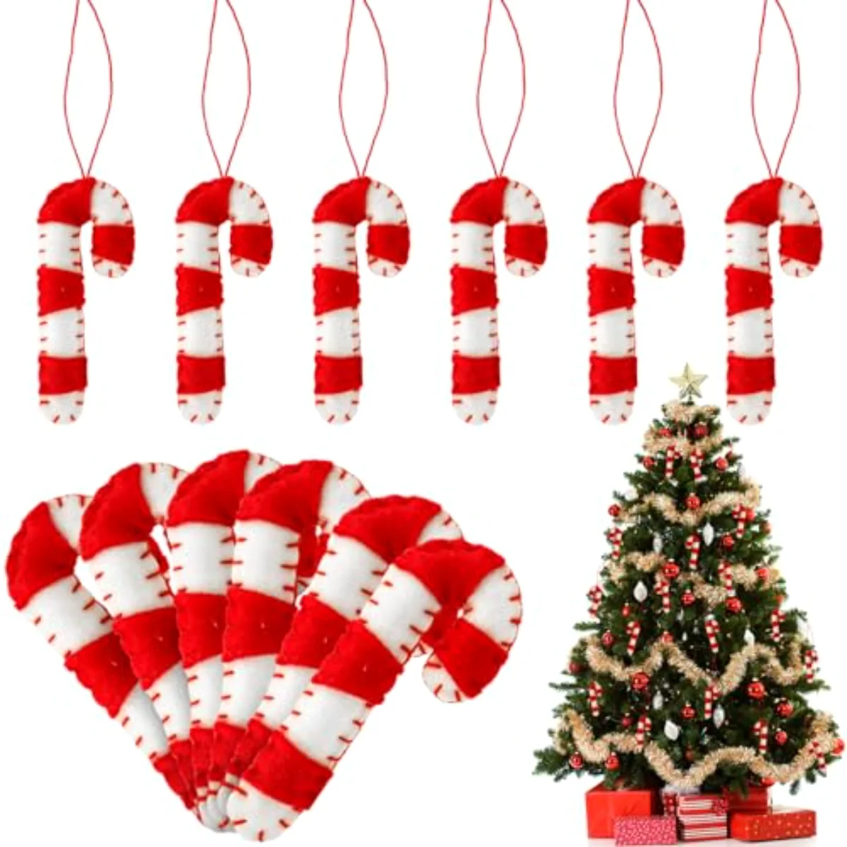 12Pcs Christmas Felt Hanging Ornament Red White Candy Cane for Xmas Tree