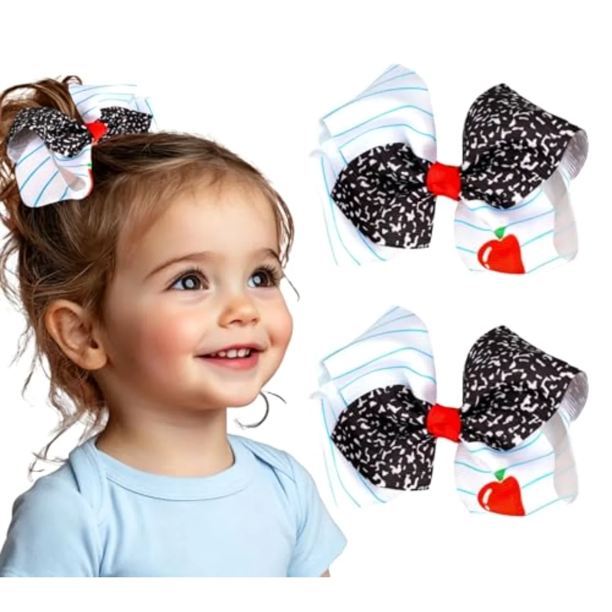2Pcs Back to School Hair Bow Clips Blue Lined Composition Notebook Apples