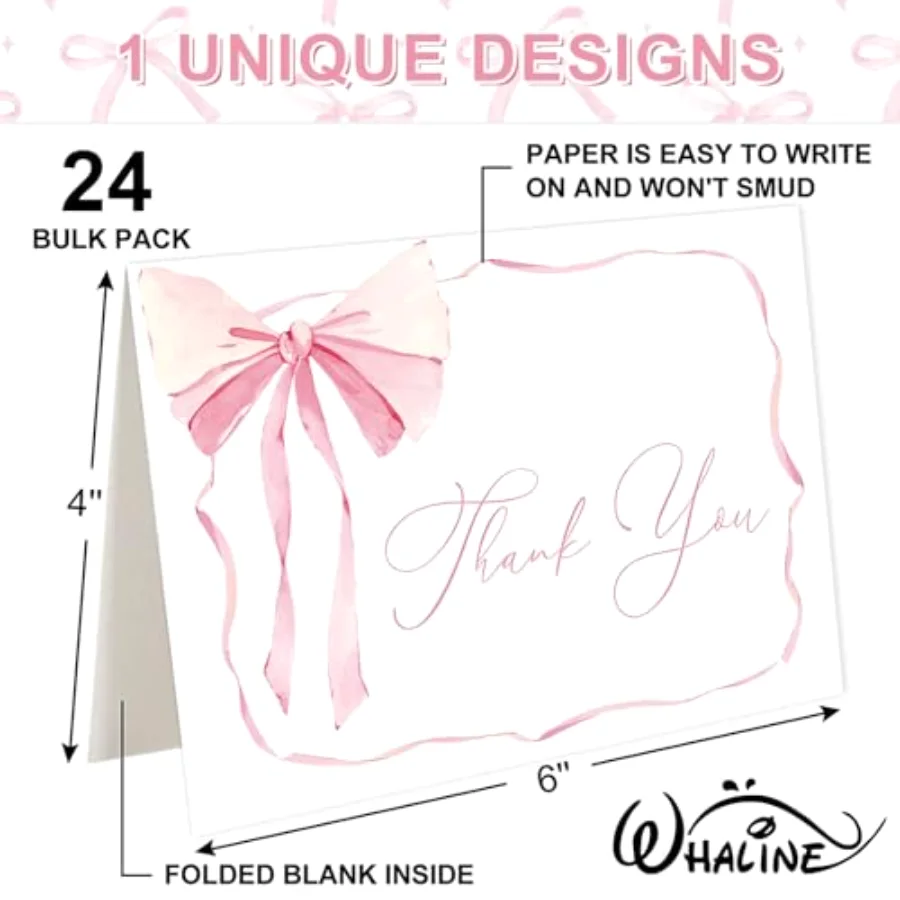 24 Pack Pink Bow Thank You Cards Coquette Bow Greeting Cards with, view 2