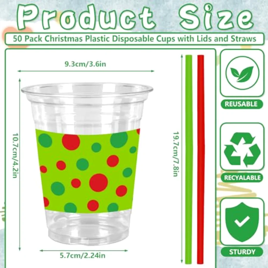 50 Pack Green Christmas Plastic Cups with Lids Straws Red Green Polka Dot, view 2