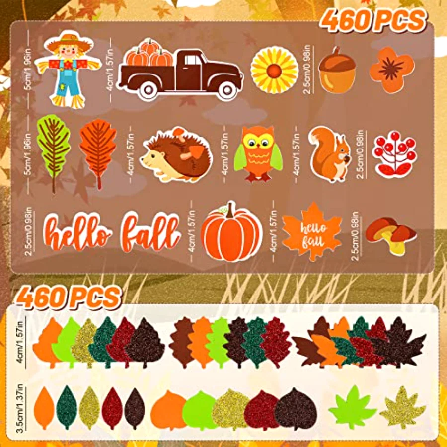 460Pcs Fall Thanksgiving Foam Stickers Glitter Maple Leaves Pumpkin, view 2
