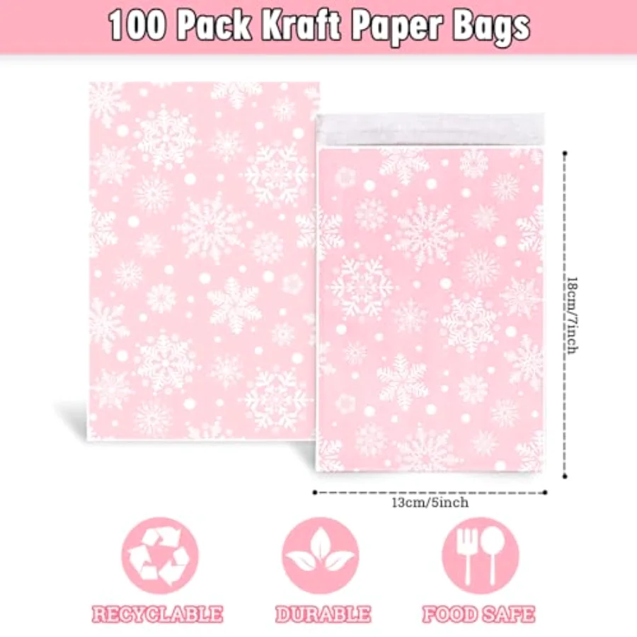 100Pcs Winter Snowflake Treat Bags Pink Self-Adhesive Snowflake Candy, view 2