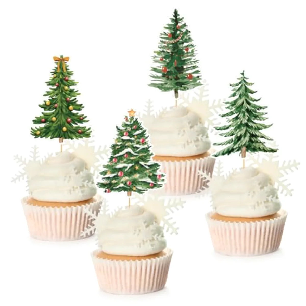 48Pcs Christmas Tree Cupcake Toppers 4 Designs Watercolor Cake Decor