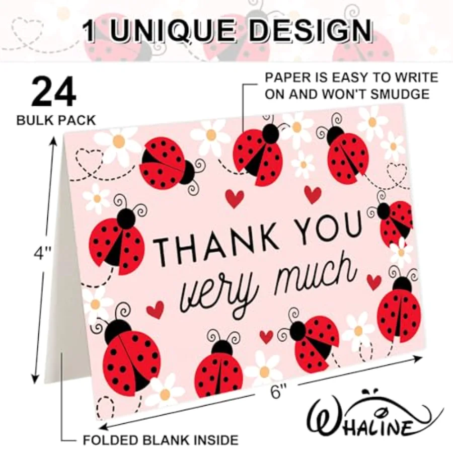 24 Pcs Ladybugs with Daisy Thank You Cards Greeting Cards with Envelopes, view 2