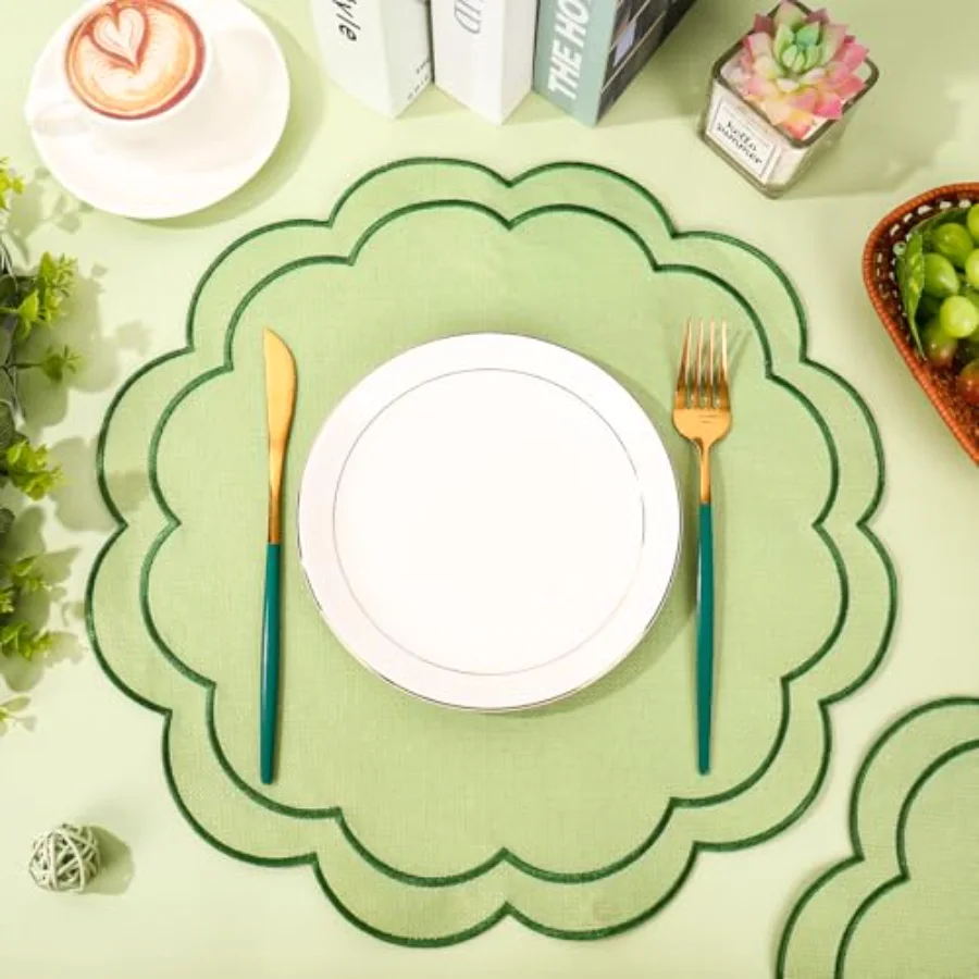 Green Linen Placemats Embroidered Round Scalloped Kitchen Place Mats for, view 4