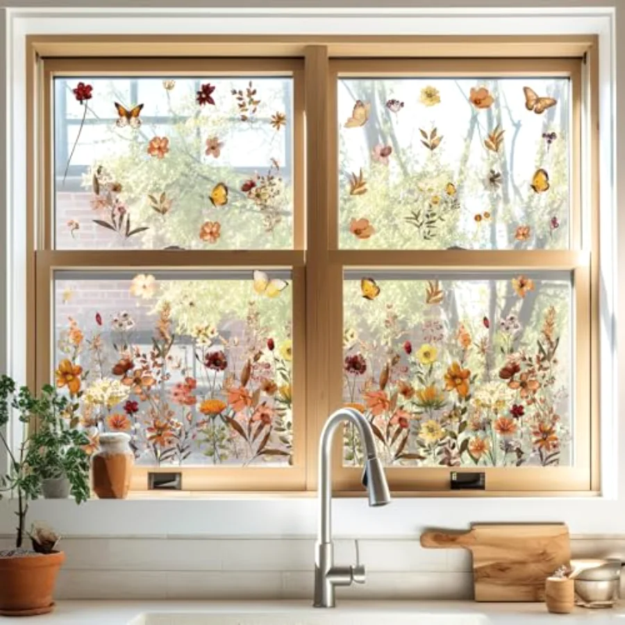 6 Sheets Fall Vintage Wildflower Window Clings Brown Wild Floral Reusable, view 3