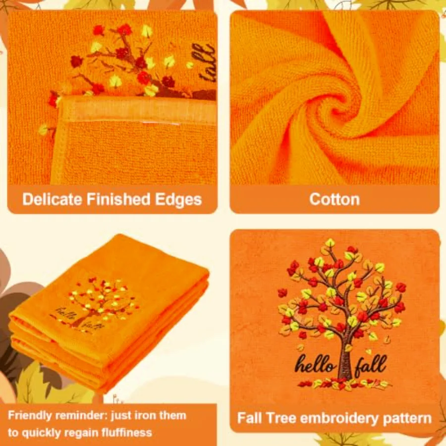 2 Pcs Hello Fall Tree Hand Towels Embroidered Cotton Bathroom Towel Orange, view 3