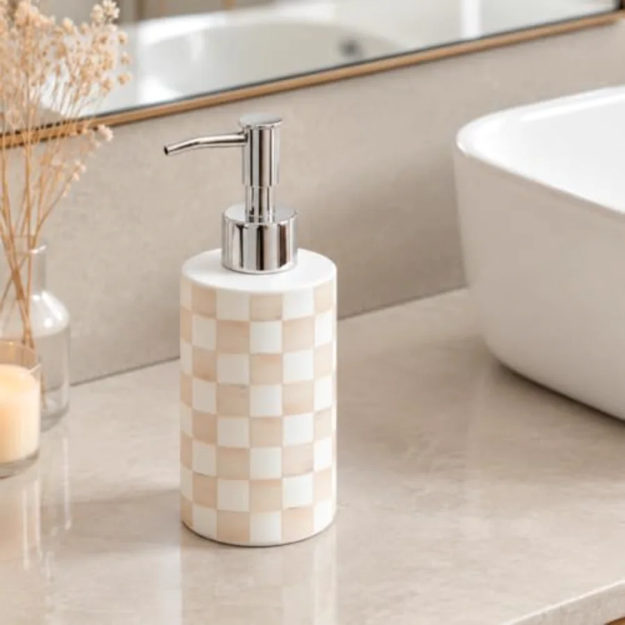 1 Pc Plaid Soap Dispenser Glass Beige White Checkered Soap Dispenser with, view 4