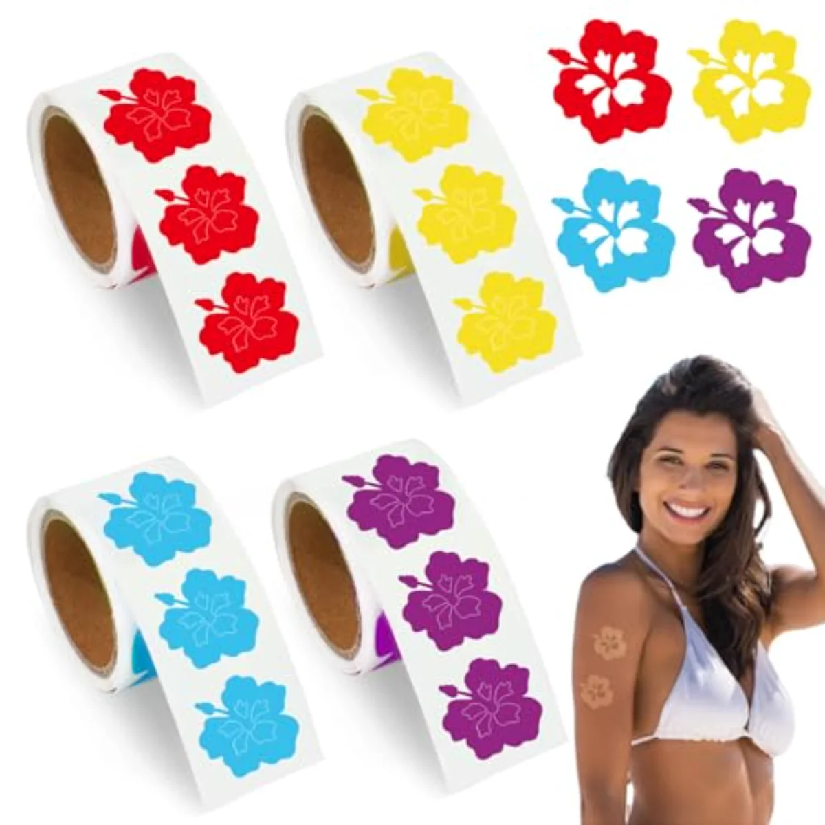 400 Pcs Summer Hibiscus Flower Tanning Sunbathing Stickers Red Yellow Blue