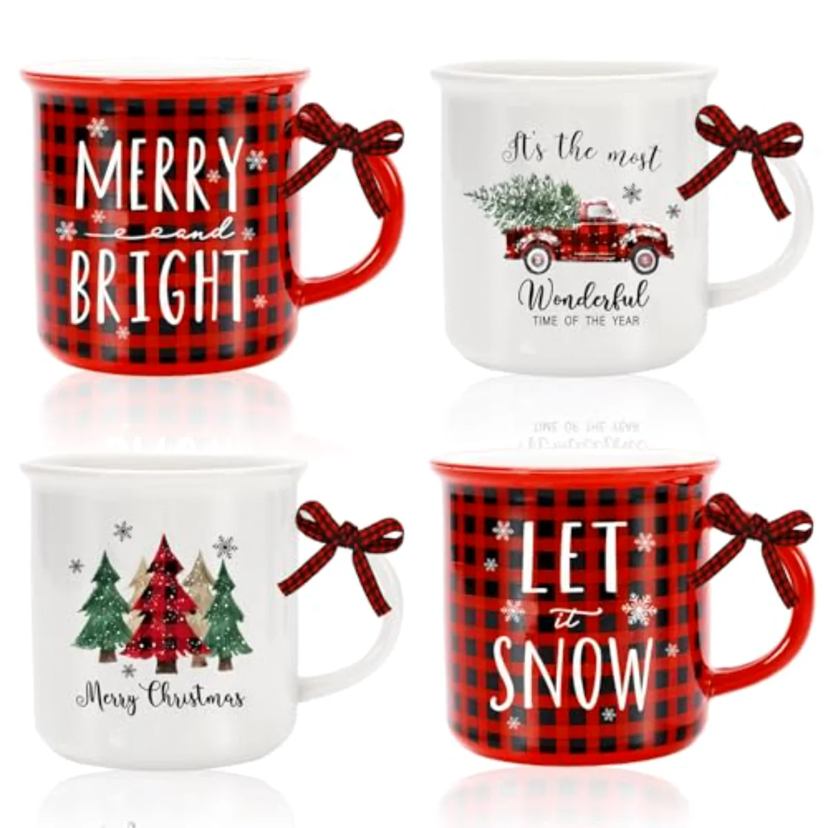 4Pcs Christmas Mini Mugs with Plaid Ribbon Red Black Plaid Xmas Tree Truck