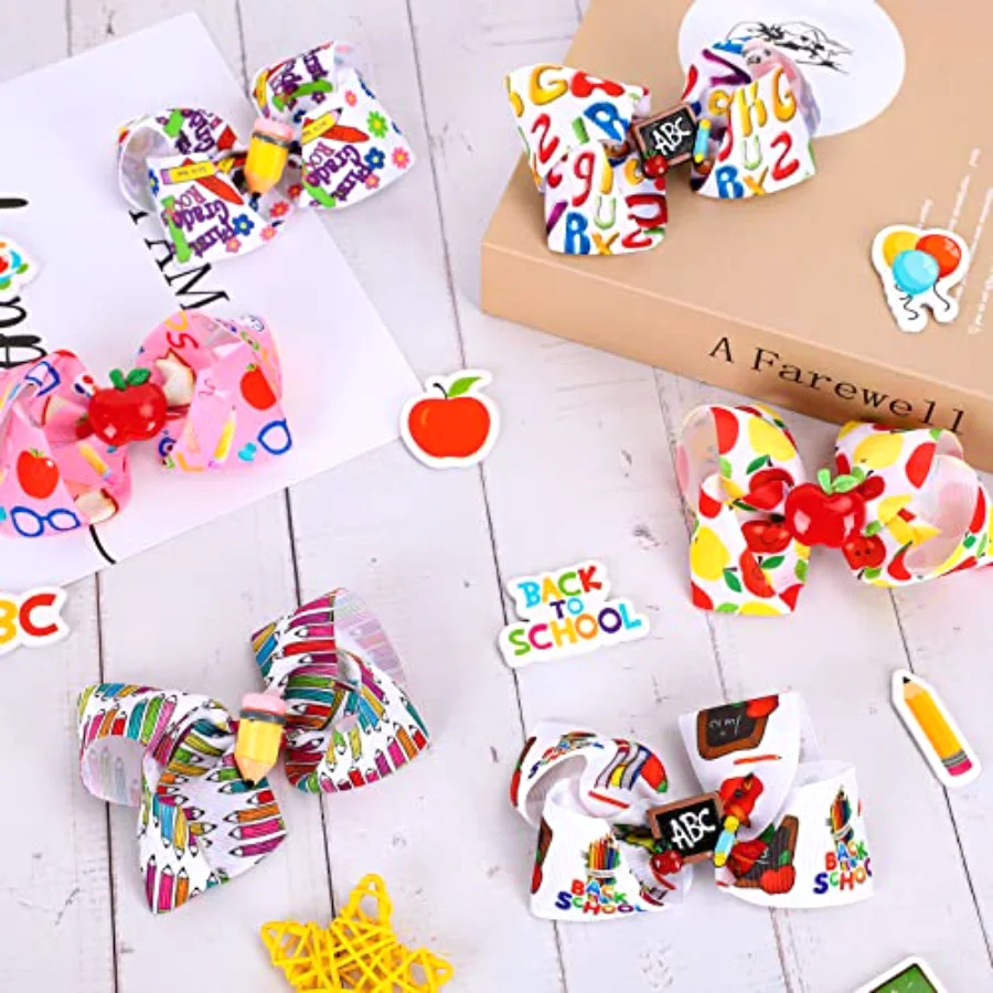 Hair Clip - 6Pcs Back to School Bow Hair Clips in Multi Color, view 4