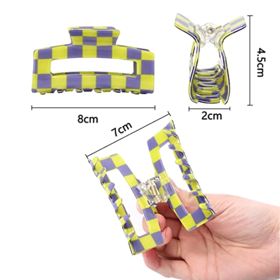 6 Pack Checkered Hair Claw Clips Strong Hold Rectangle Hair Claw, view 2
