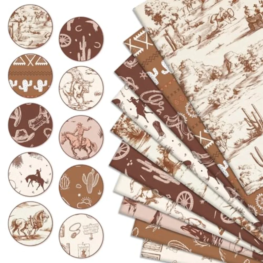 10Pcs Western Cowboy Fabric Squares Cotton Fabric Bundles Small Brown, view 3