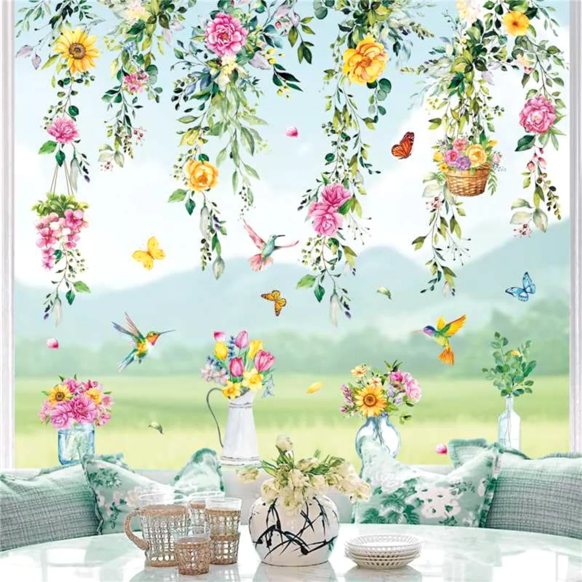 8 Sheets Spring Hanging Floral Window Cling Stickers Eucalyptus Flower