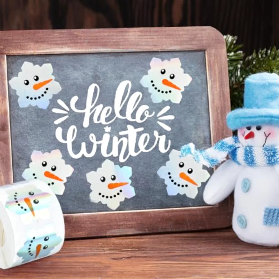 Christmas Winter Snowman Face Stickers Roll Snowflake Shape Holographic, view 4