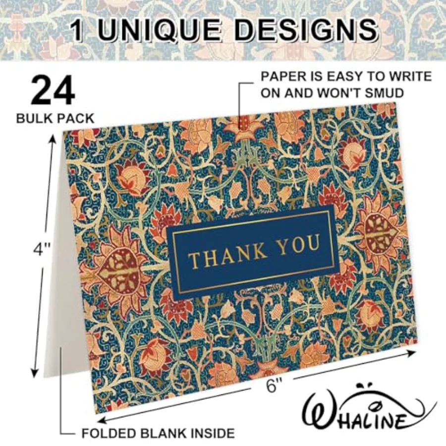 24 Pcs Flower Thank You Cards Greeting Cards Vintage Blue Floral Gold Foil, view 2
