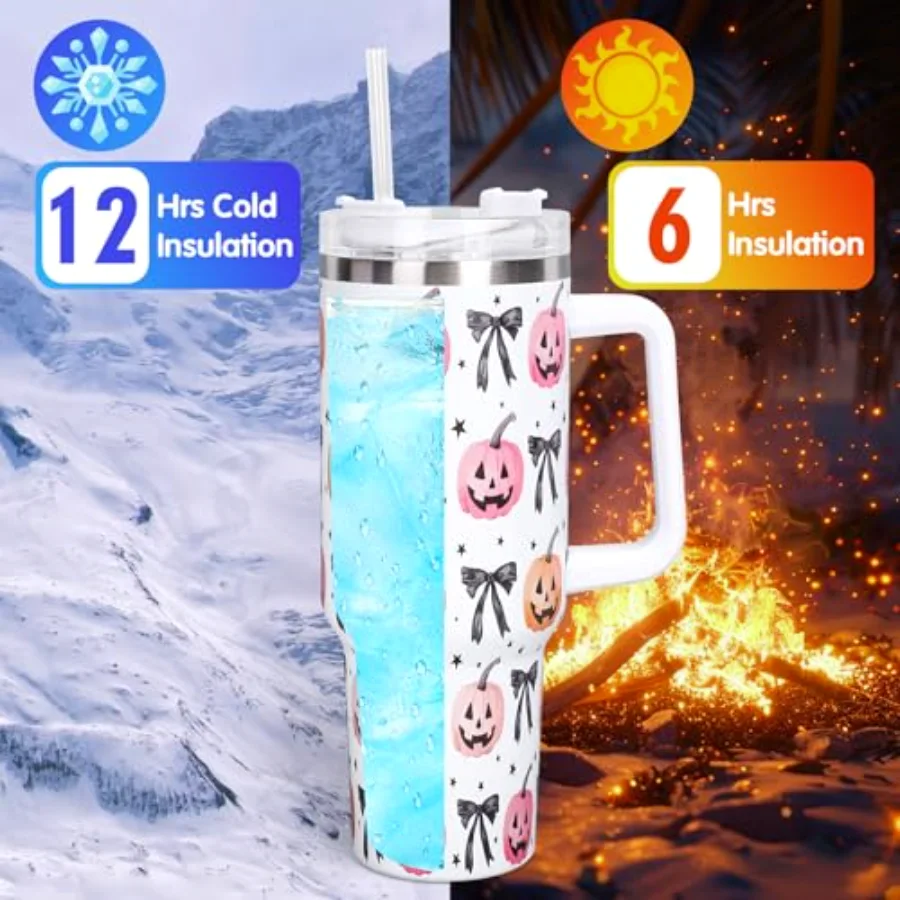 40oz Halloween Tumbler with Handle Straw and Lid Bow Pumpkin Face Travel, view 4