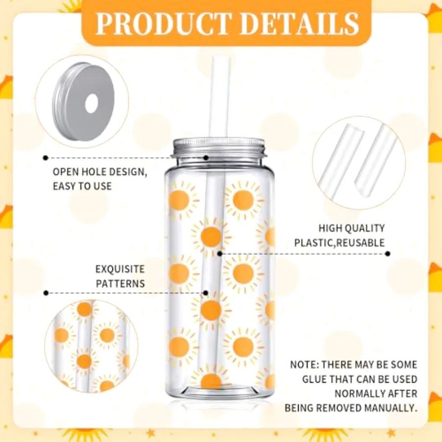 20 Pcs Boho Sun Plastic Cups with Lids and Straws Clear Party Drinking, view 3