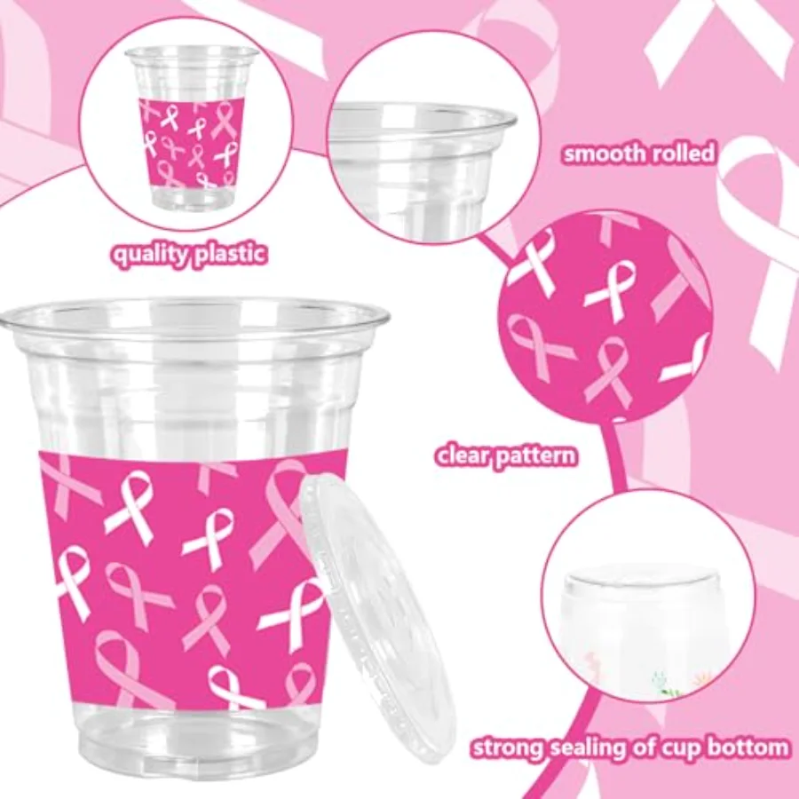 50Pcs Breast Cancer Awareness Plastic Cups with Lids Straws Pink White, view 3