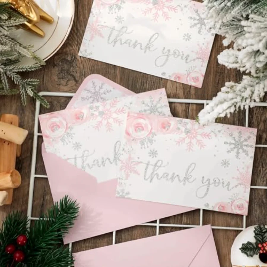 24 Pack Christmas Thank You Card Pink Glitter Snowflake Floral Greeting, view 4