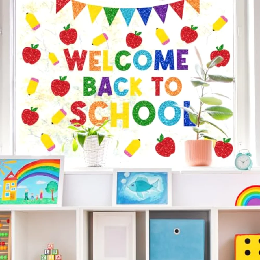 9 Sheet Welcome Back to School Window Clings Sparkly Colorful Pencil, view 2
