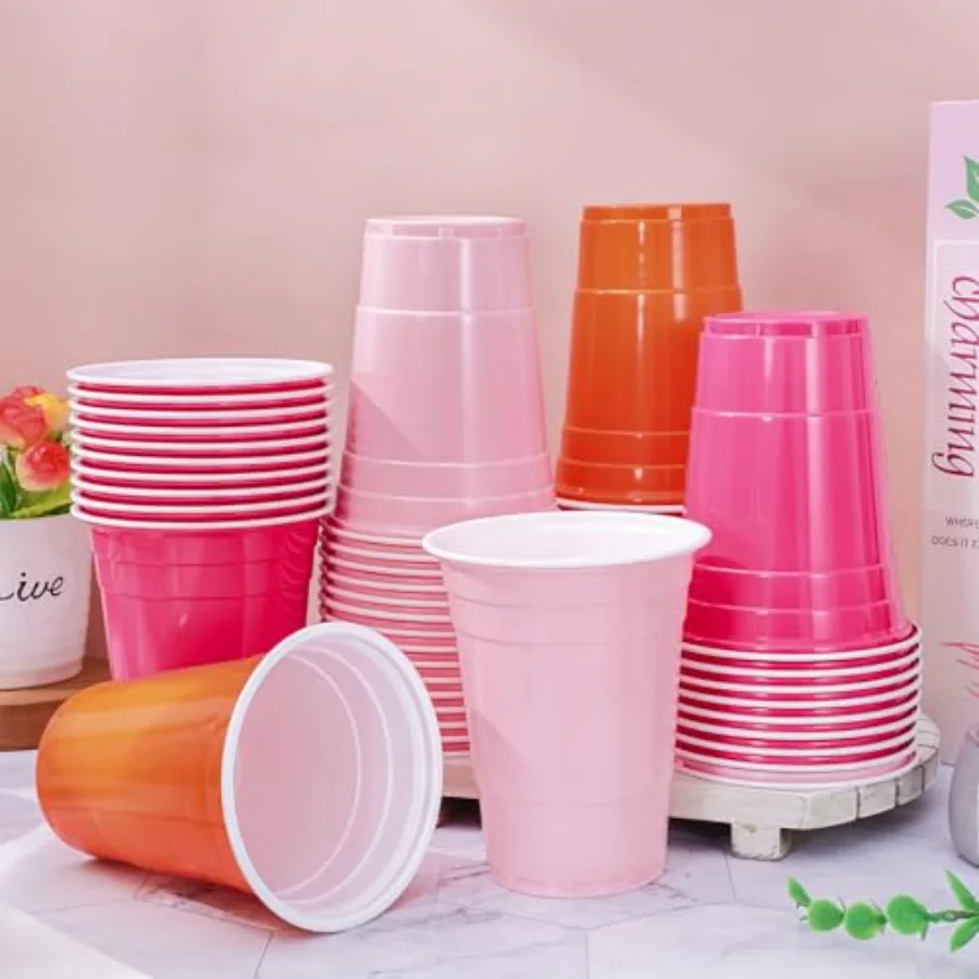 60 Pcs Colored Plastic Cups 16 Oz Light Pink Hot Pink Orange Plastic Cups, view 3