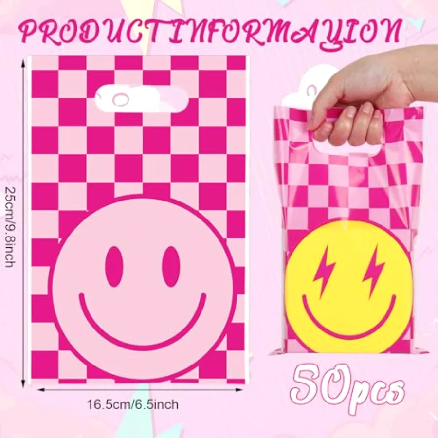 50 Pcs Preppy Party Favor Bag Pink Checkered Smile Face Treat Bags with, view 2