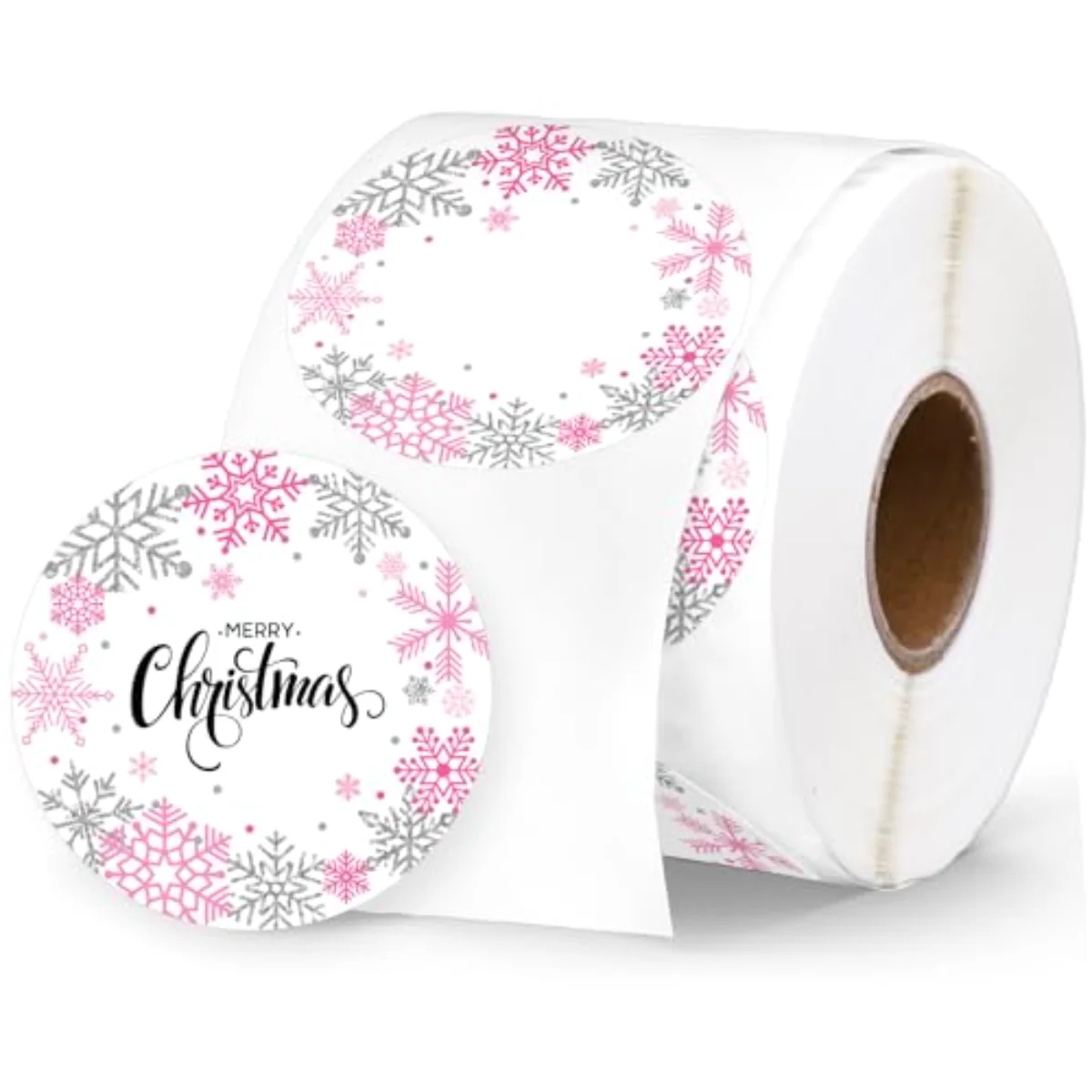 Winter Christmas Direct Thermal Labels Stickers Pink Silver Snowflake