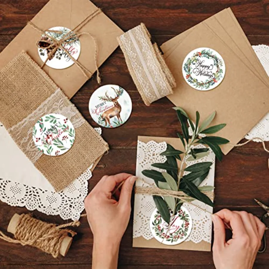 1000Pcs Christmas Stickers 1.5Inch Assorted Round Sticker in Roll Rustic, view 4