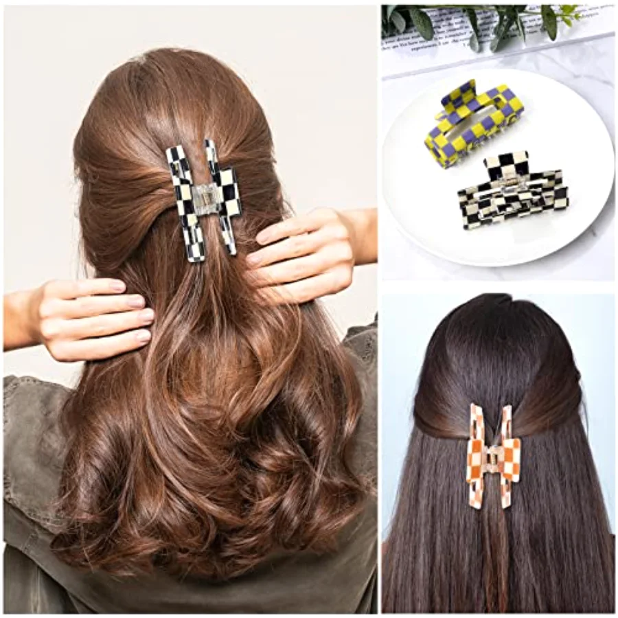 6 Pack Checkered Hair Claw Clips Strong Hold Rectangle Hair Claw, view 4