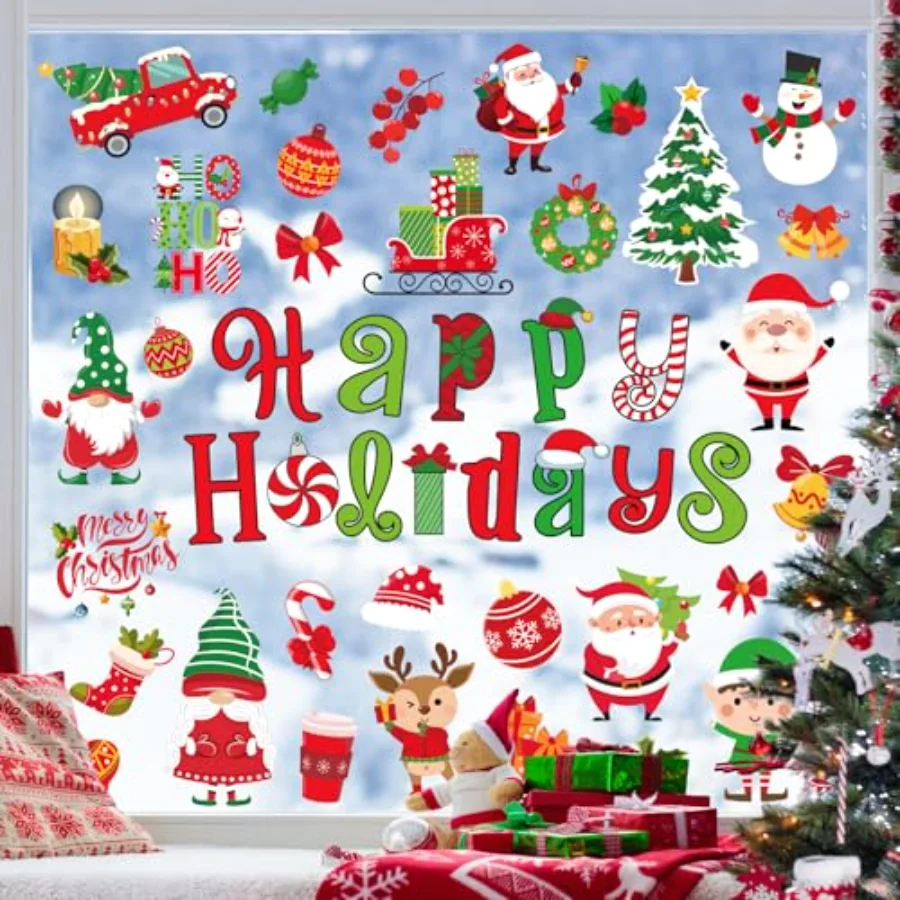 9 Sheets Christmas Window Cling Stickers Xmas Santa Reindeer Cartoon, view 4
