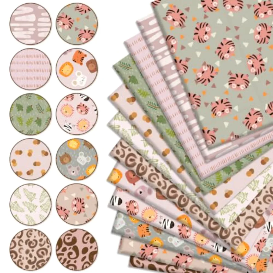 12Pcs Safari Cotton Fabric Bundles Cartoon Animal Fat Quarters Boho Forest, view 3