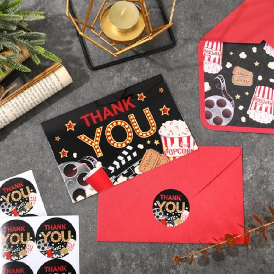 24 Pack Movie Night Thank You Cards Bulk Movie Reel Ticket Popcorn Note, view 3
