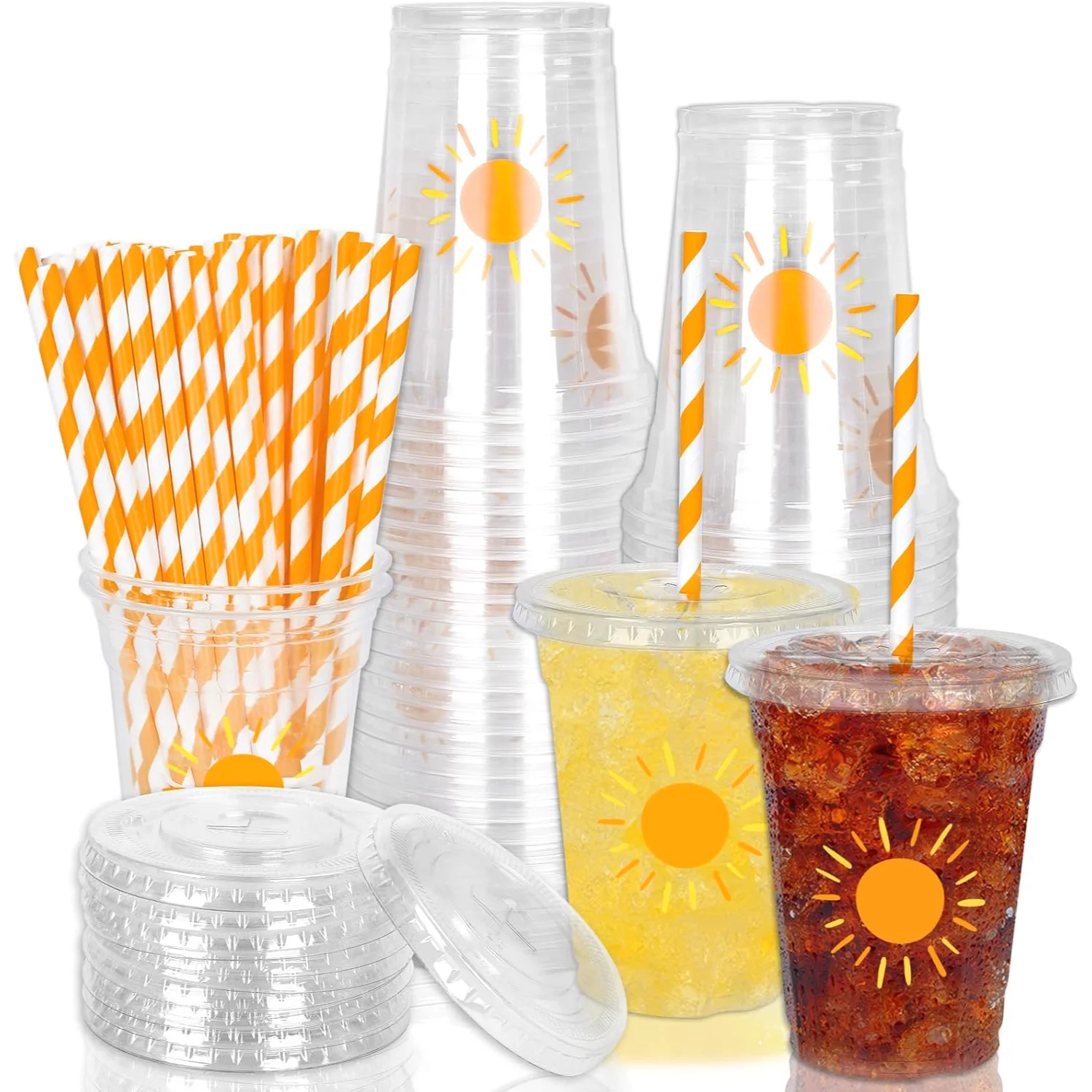 50Pcs Boho Sun Disposable Plastic Cups with Lids and Straws 12 Oz Sunshine